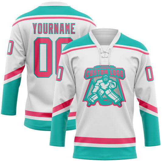Custom White Neon Pink-Aqua Hockey Lace Neck Jersey - Sky-Custom