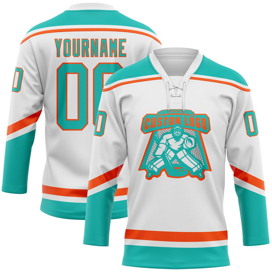 Custom White Aqua-Orange Hockey Lace Neck Jersey - Sky-Custom