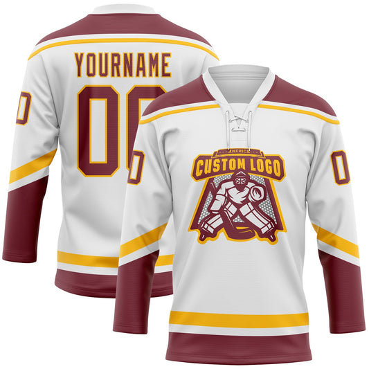 Custom White Burgundy-Gold Hockey Lace Neck Jersey - Sky-Custom