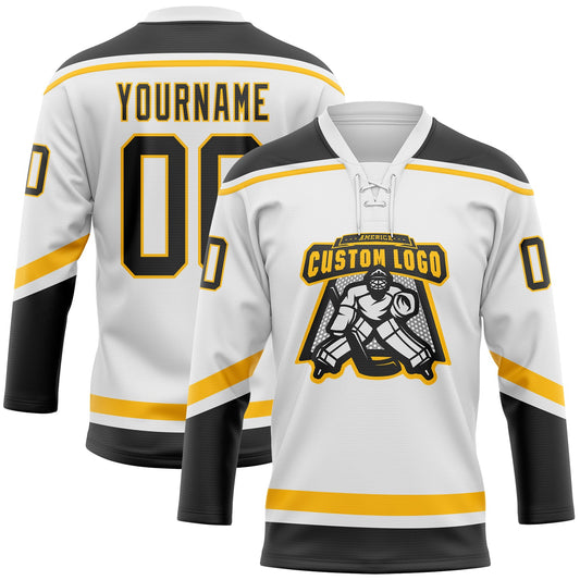 Custom White Black-Gold Hockey Lace Neck Jersey - Sky-Custom