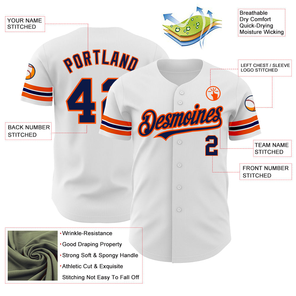 Custom White Navy-Orange Authentic Baseball Jersey - Sky-Custom