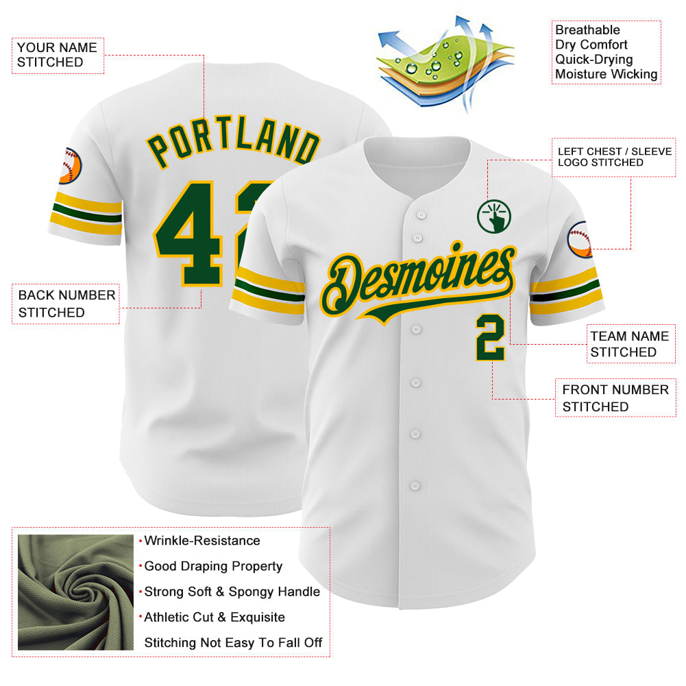 Custom White Green-Gold Authentic Baseball Jersey - Sky-Custom