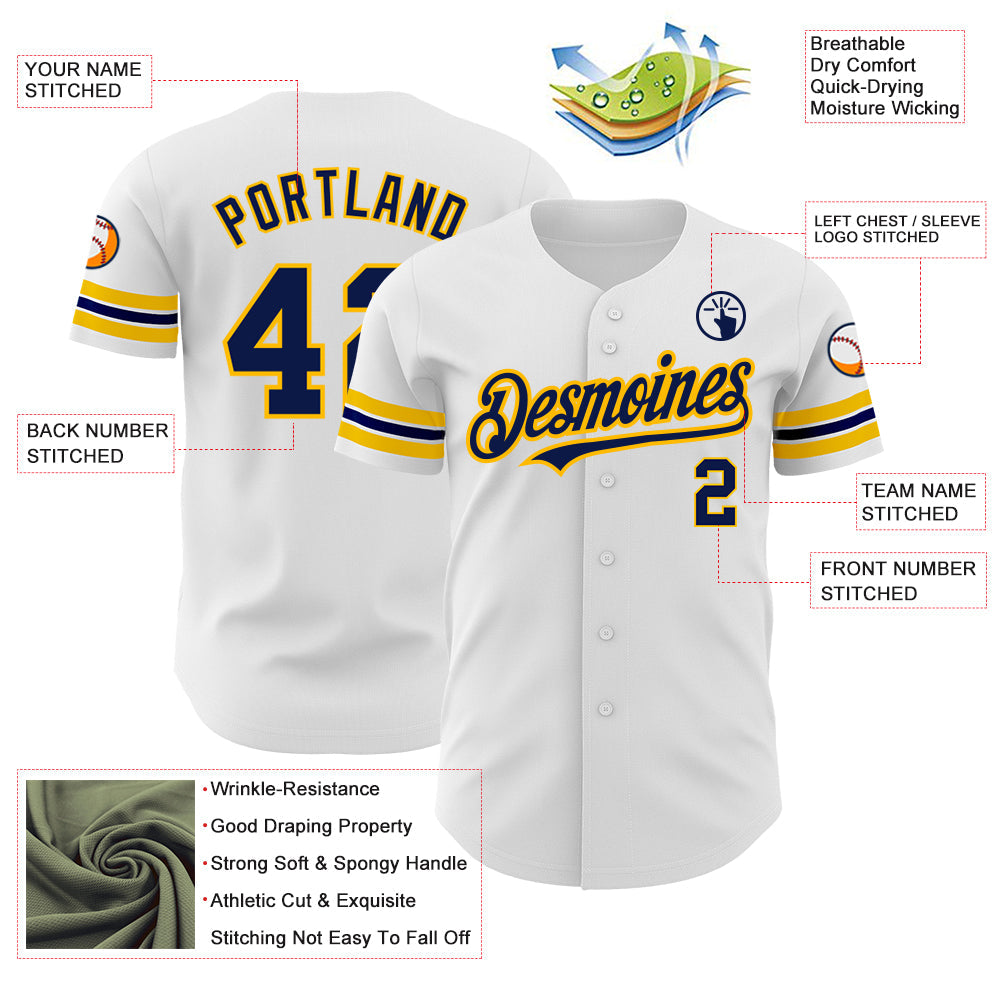 Custom White Navy-Gold Authentic Baseball Jersey - Sky-Custom