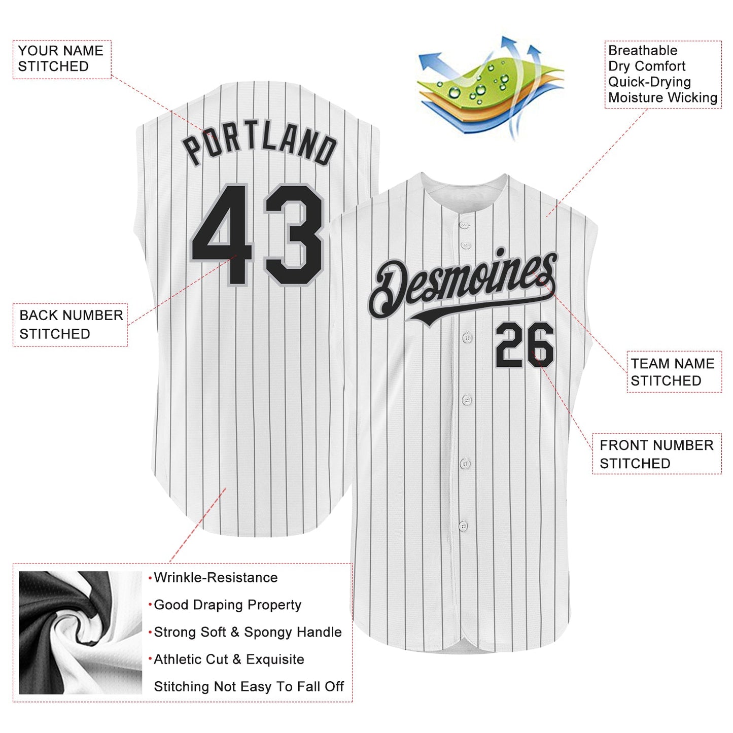 Custom White Black Pinstripe Gray Authentic Sleeveless Baseball Jersey - Sky-Custom