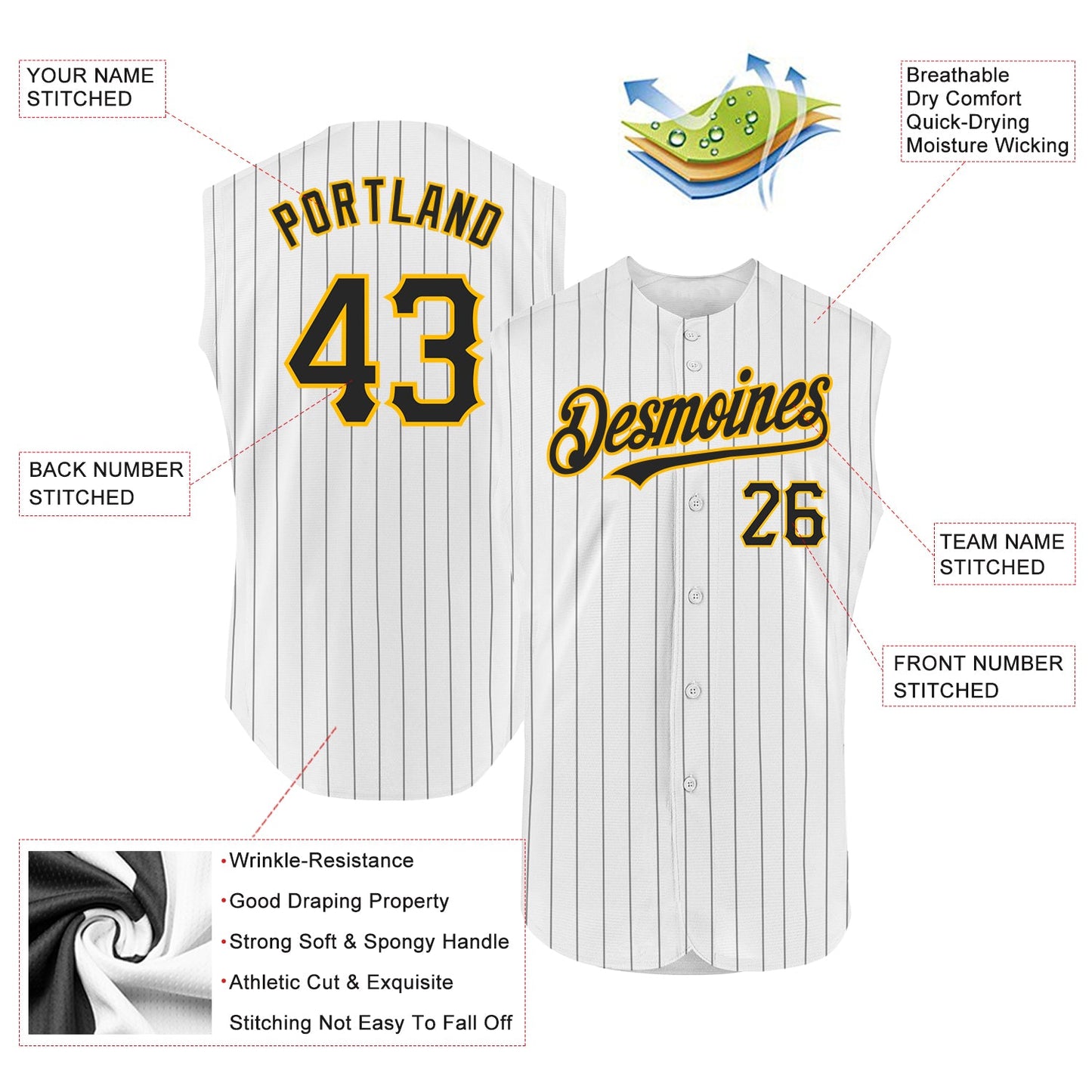 Custom White Black Pinstripe Gold Authentic Sleeveless Baseball Jersey - Sky-Custom