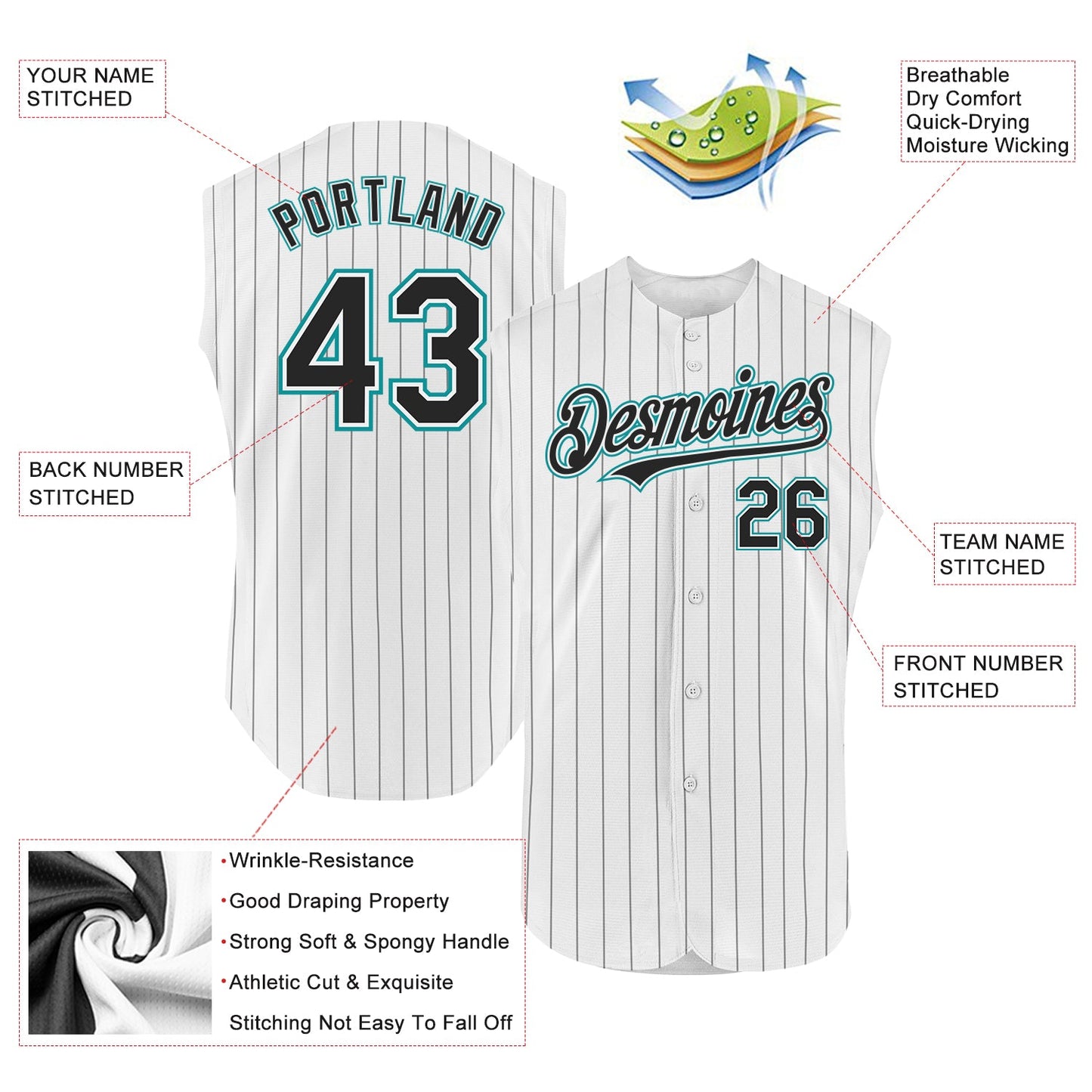 Custom White Black Pinstripe Teal Authentic Sleeveless Baseball Jersey - Sky-Custom