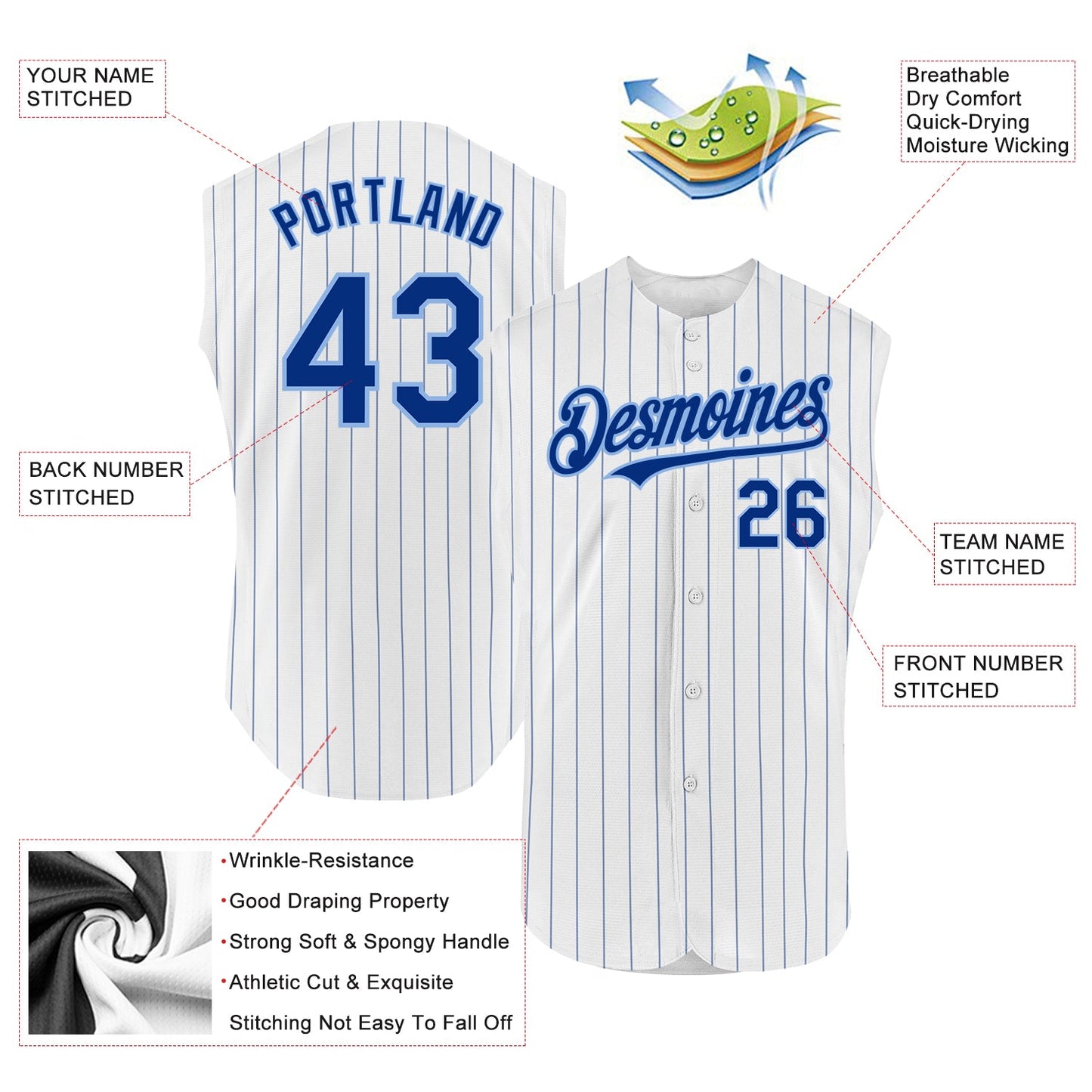 Custom White Royal Pinstripe Light Blue Authentic Sleeveless Baseball Jersey - Sky-Custom