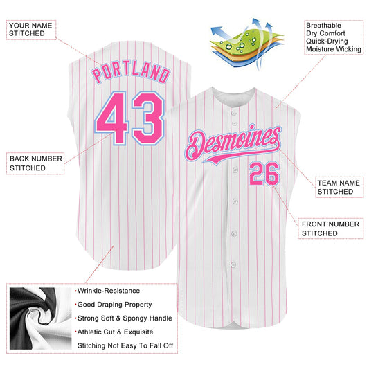 Custom White Pink Pinstripe Light Blue Authentic Sleeveless Baseball Jersey - Sky-Custom