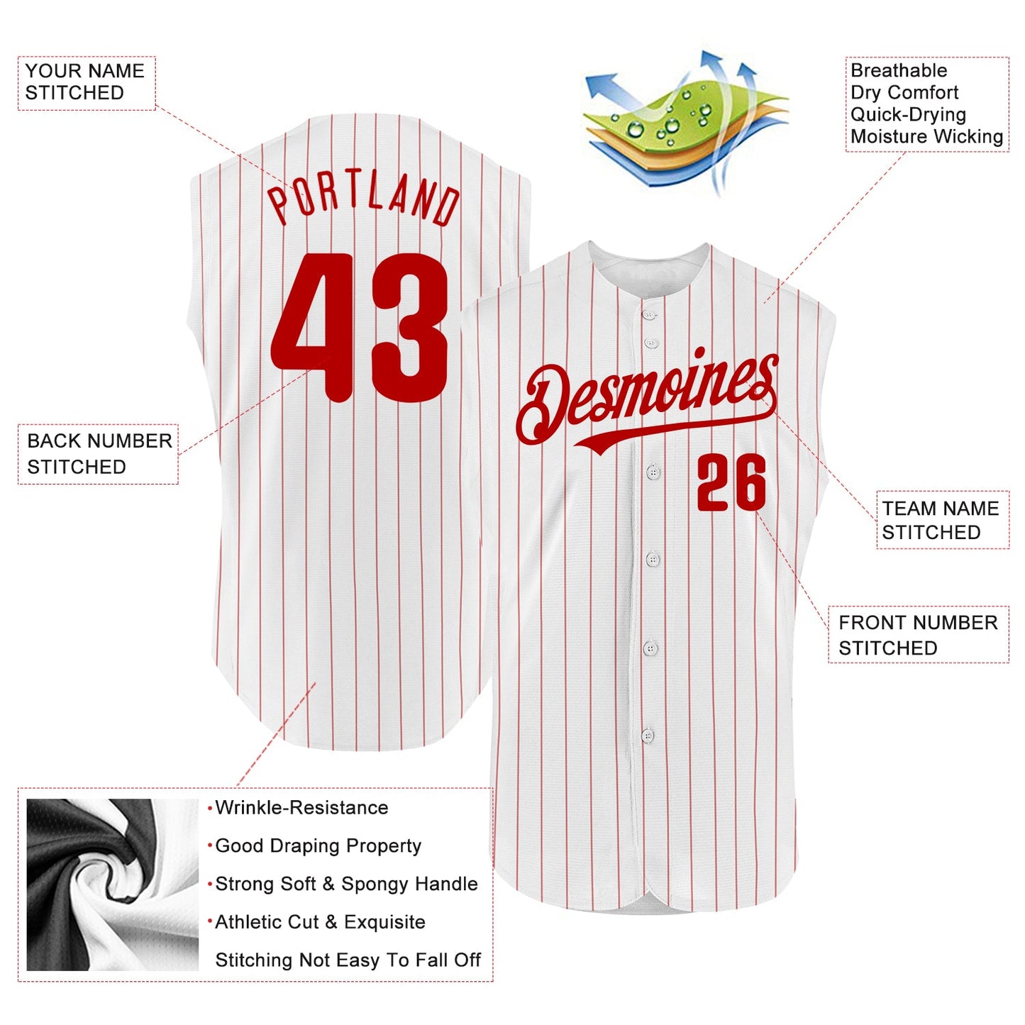 Custom White Red Pinstripe Red Authentic Sleeveless Baseball Jersey - Sky-Custom