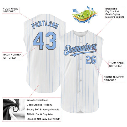 Custom White Light Blue Pinstripe Steel Gray Authentic Sleeveless Baseball Jersey - Sky-Custom