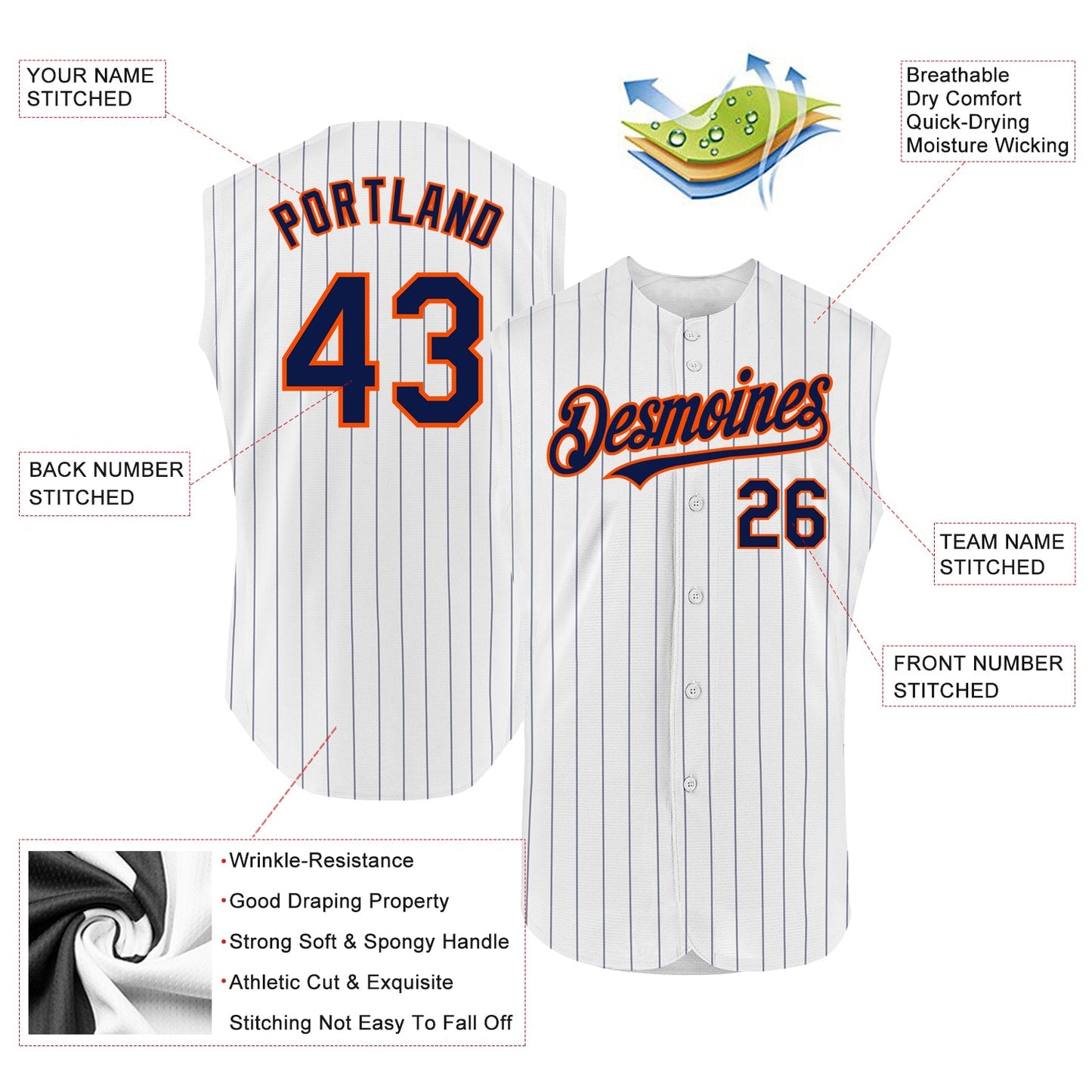 Custom White Navy Pinstripe Orange Authentic Sleeveless Baseball Jersey - Sky-Custom