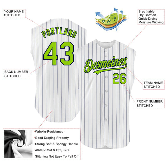 Custom White Navy Pinstripe Neon Green Authentic Sleeveless Baseball Jersey - Sky-Custom