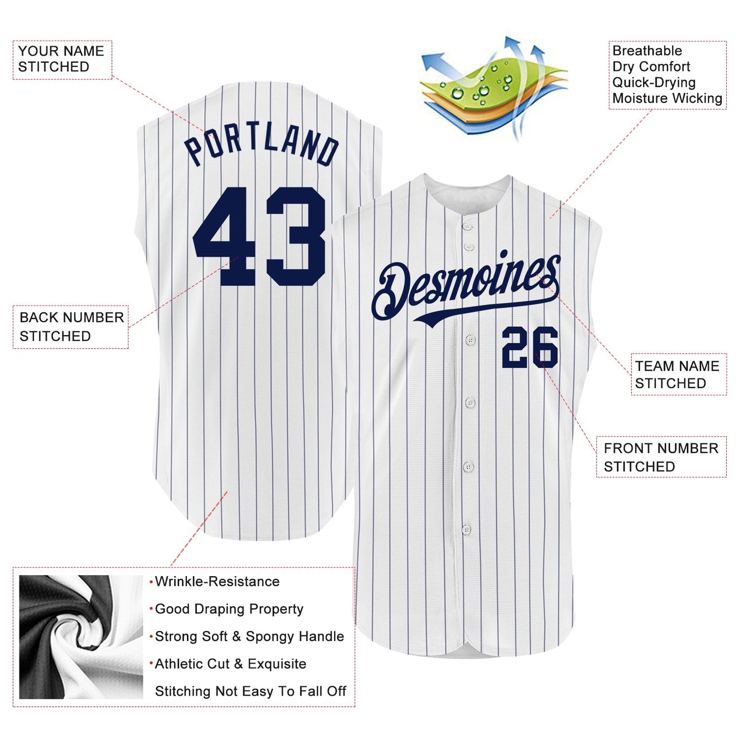 Custom White Navy Pinstripe Navy Authentic Sleeveless Baseball Jersey - Sky-Custom