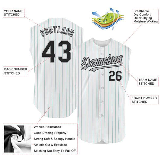 Custom White Teal Pinstripe Black-Gray Authentic Sleeveless Baseball Jersey - Sky-Custom