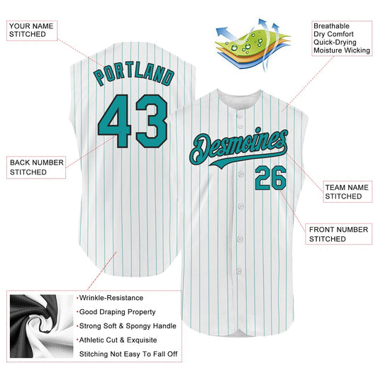 Custom White Teal Pinstripe Black Authentic Sleeveless Baseball Jersey - Sky-Custom