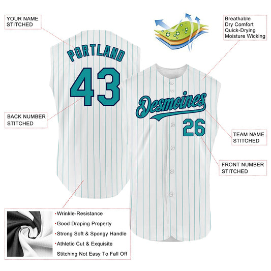Custom White Teal Pinstripe Navy Authentic Sleeveless Baseball Jersey - Sky-Custom