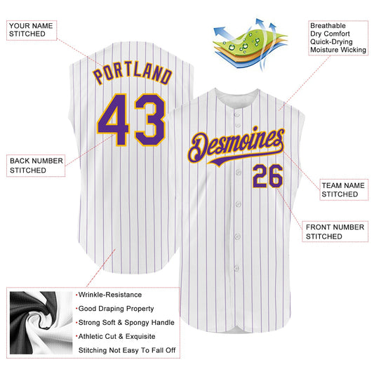 Custom White Purple Pinstripe Gold Authentic Sleeveless Baseball Jersey - Sky-Custom