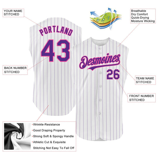 Custom White Purple Pinstripe Pink Authentic Sleeveless Baseball Jersey - Sky-Custom