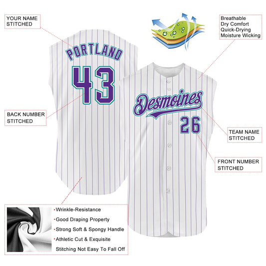 Custom White Purple Pinstripe Teal Authentic Sleeveless Baseball Jersey - Sky-Custom