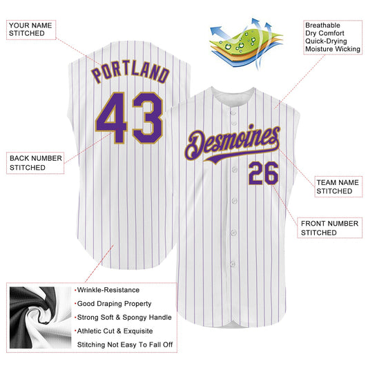 Custom White Purple Pinstripe Old Gold Authentic Sleeveless Baseball Jersey - Sky-Custom
