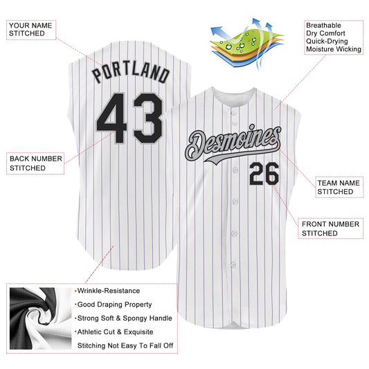 Custom White Purple Pinstripe Black-Gray Authentic Sleeveless Baseball Jersey - Sky-Custom
