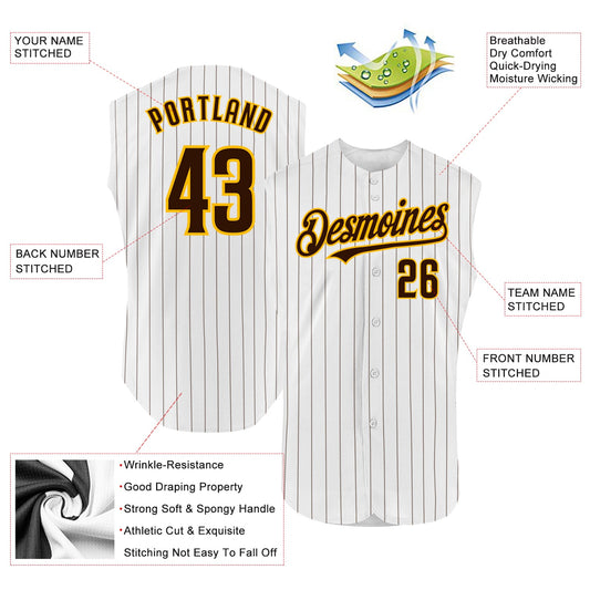 Custom White Brown Pinstripe Gold Authentic Sleeveless Baseball Jersey - Sky-Custom