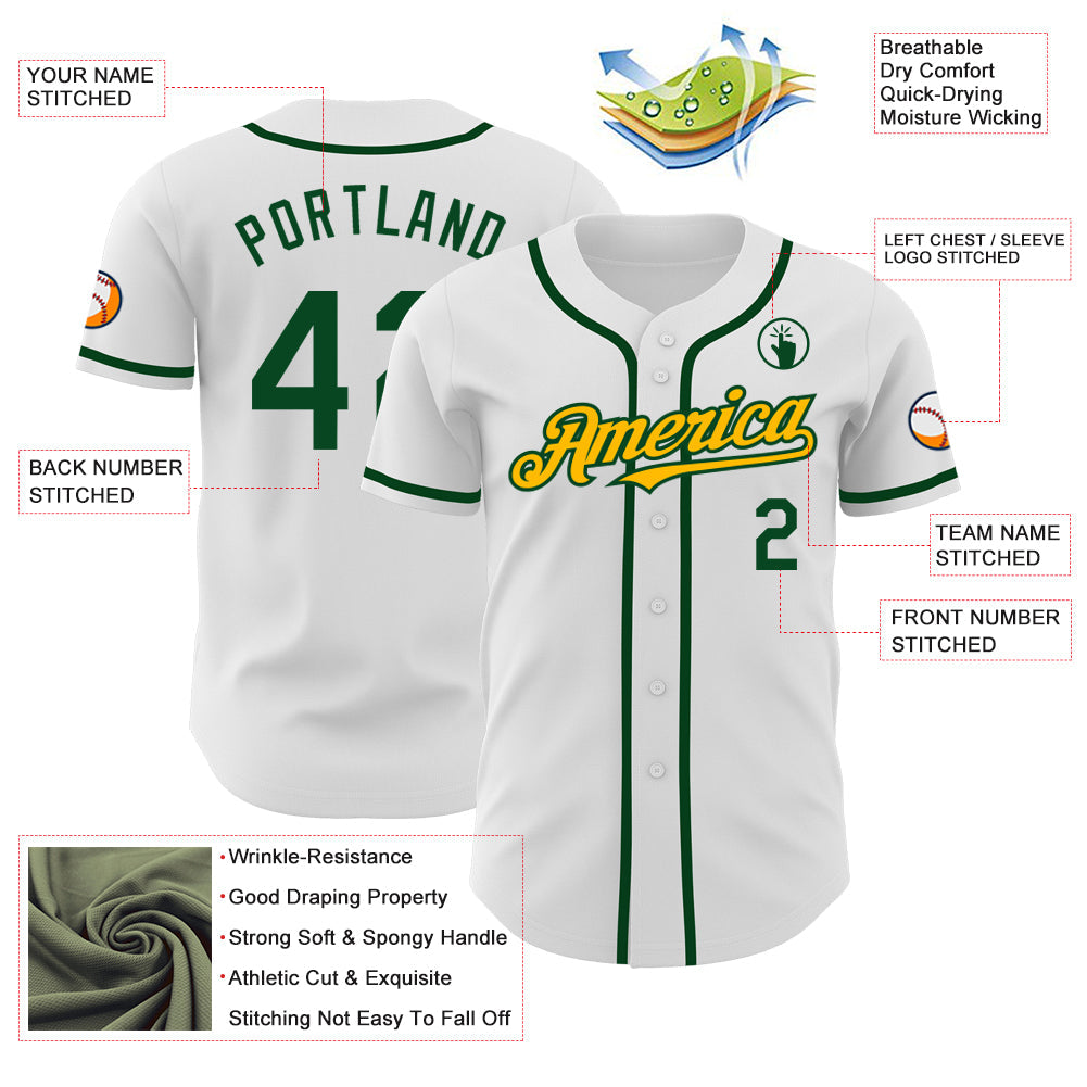 Custom White Green-Gold Authentic Baseball Jersey - Sky-Custom