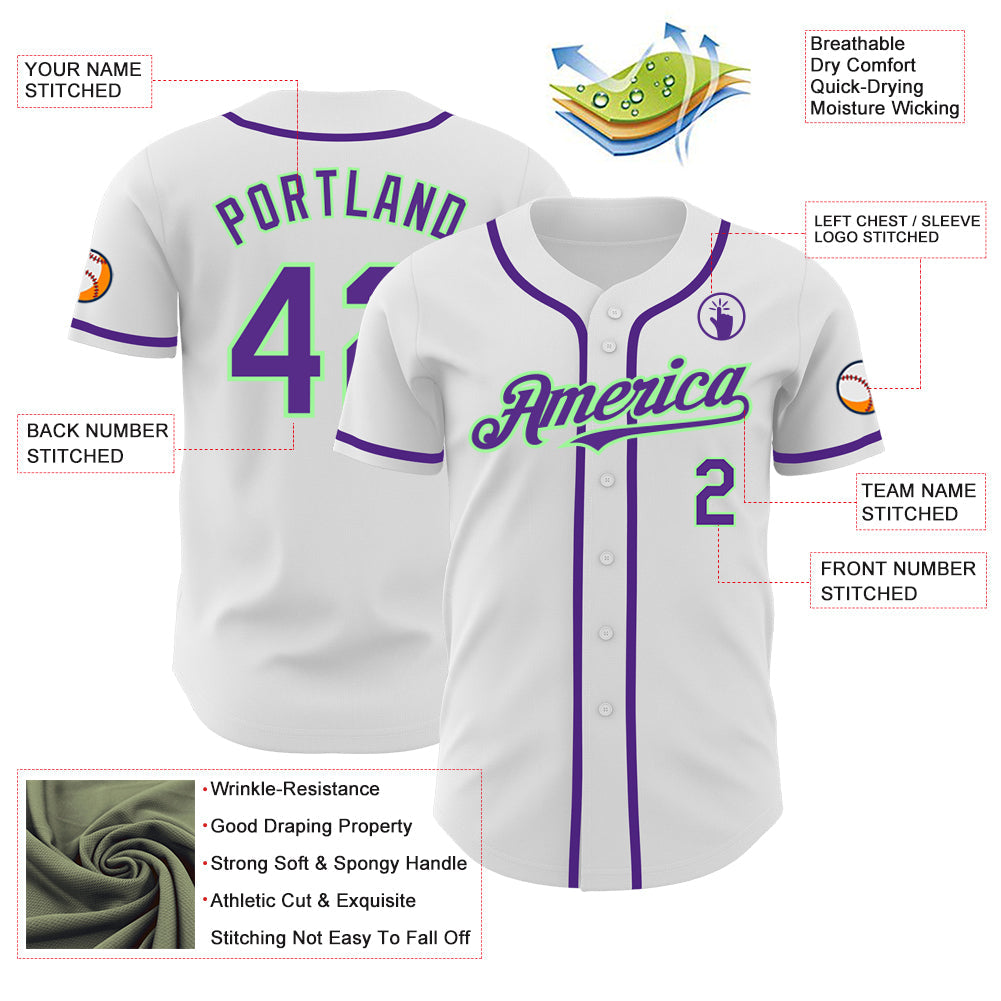 Custom White Purple-Pea Green Authentic Baseball Jersey - Sky-Custom
