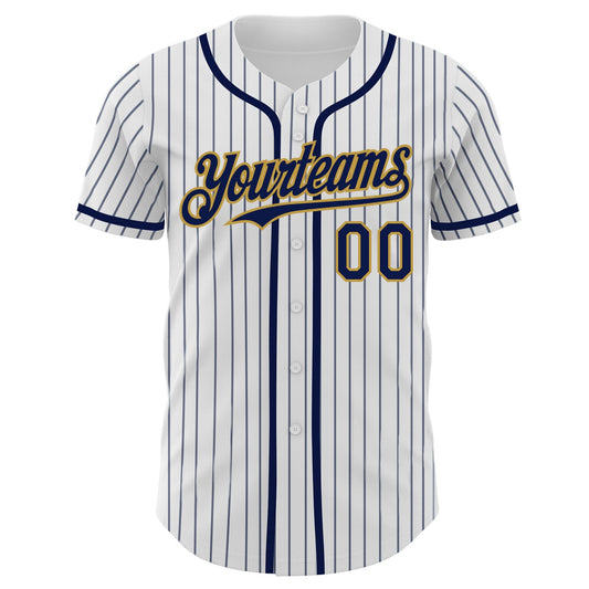 Custom White Navy Pinstripe Old Gold Authentic Baseball Jersey - Sky-Custom