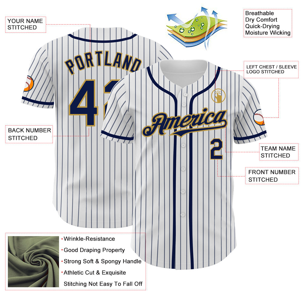 Custom White Navy Pinstripe Old Gold Authentic Baseball Jersey - Sky-Custom