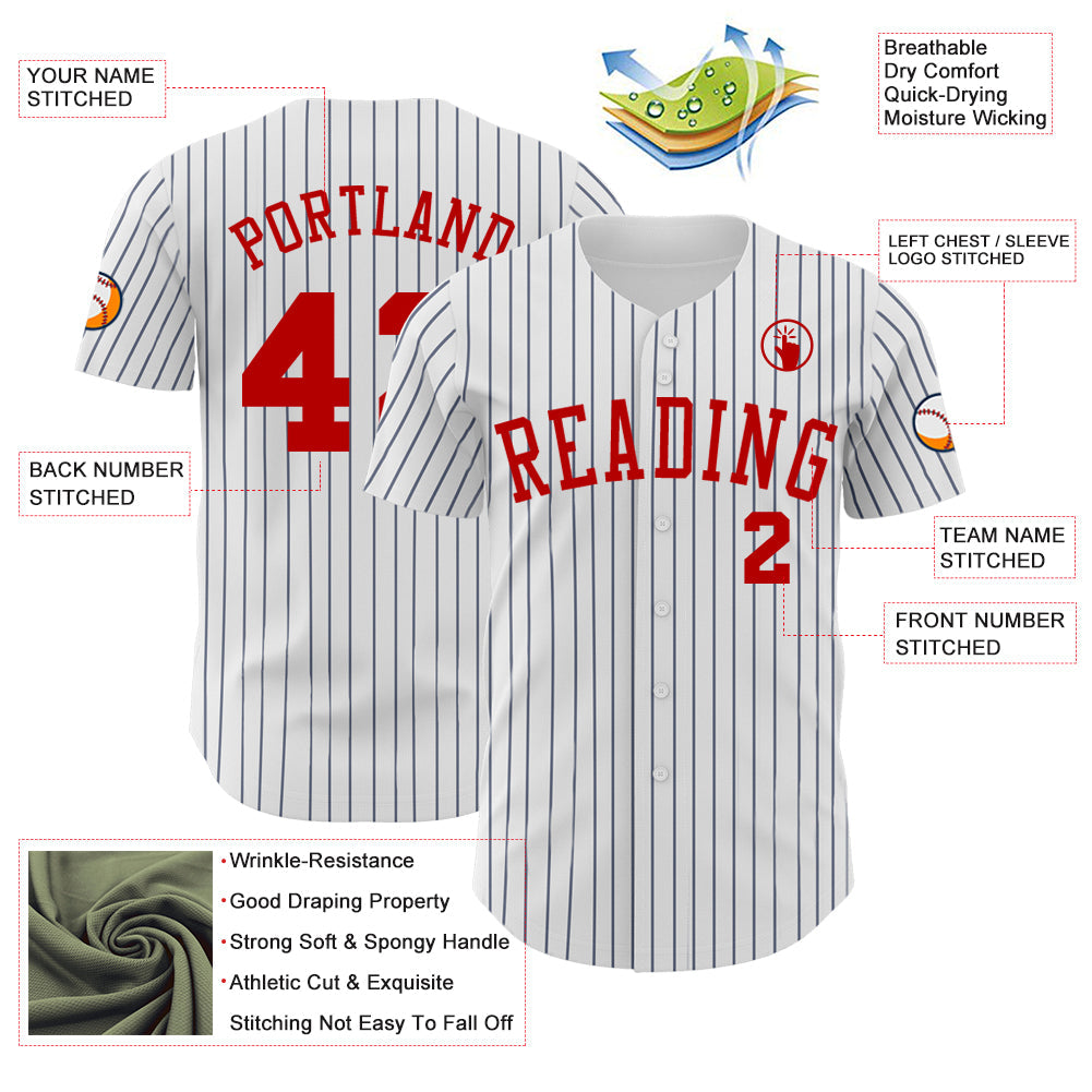 Custom White Navy Pinstripe Red Authentic Baseball Jersey - Sky-Custom