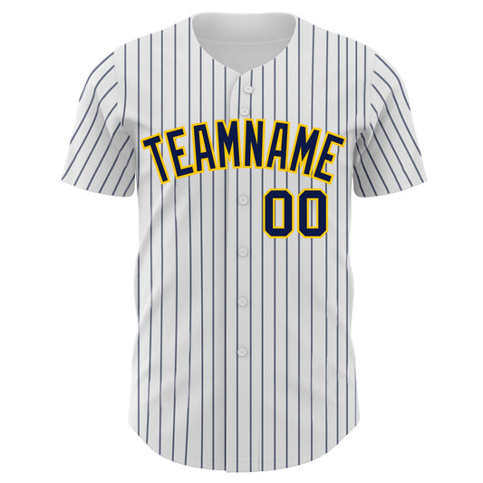 Custom White Navy Pinstripe Yellow Authentic Baseball Jersey - Sky-Custom