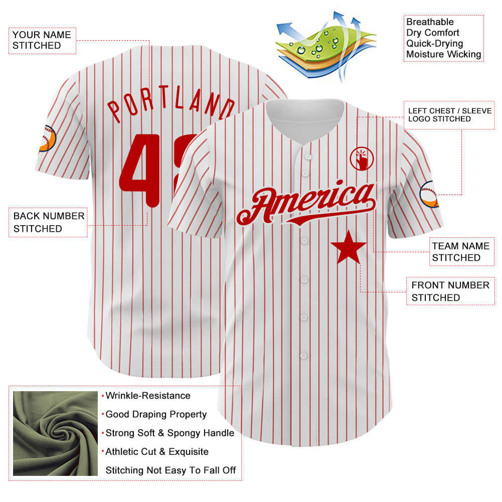 Custom White Red Pinstripe Authentic Red Star Baseball Jersey - Sky-Custom