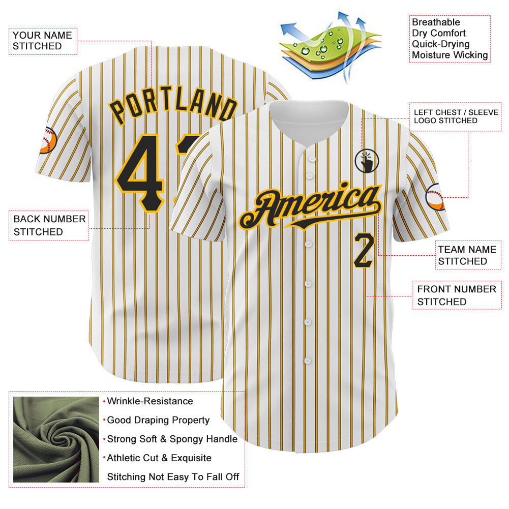 Custom White (Black Gold Pinstripe) Black-Gold Authentic Baseball Jersey - Sky-Custom