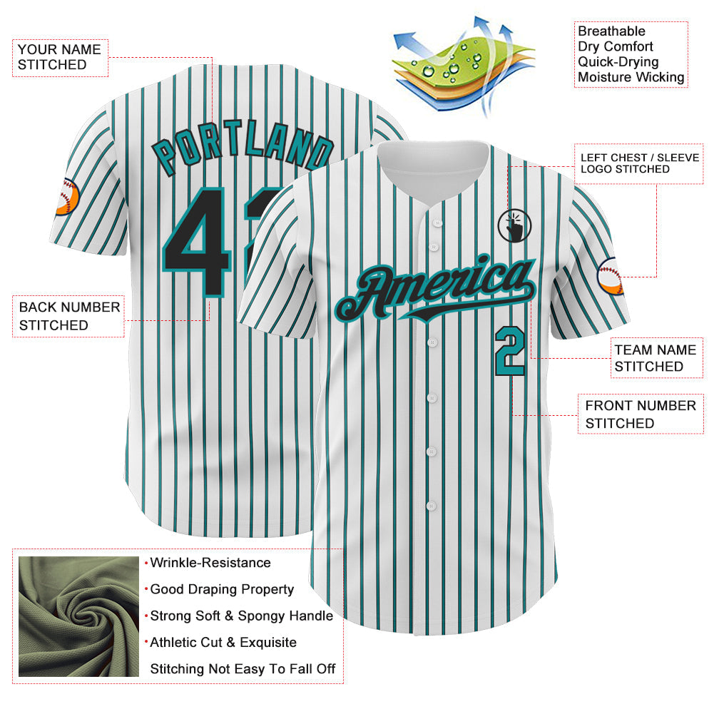 Custom White (Black Teal Pinstripe) Black-Teal Authentic Baseball Jersey - Sky-Custom