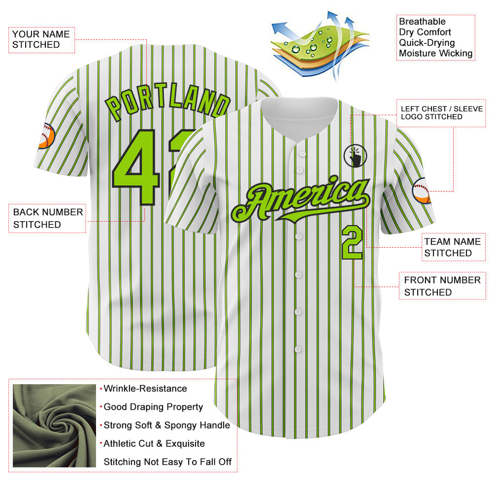 Custom White (Black Neon Green Pinstripe) Neon Green-Black Authentic Baseball Jersey - Sky-Custom
