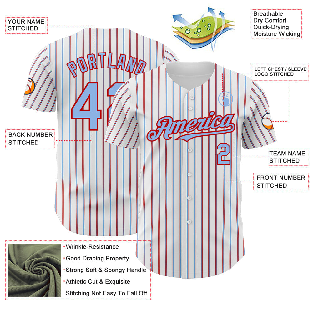 Custom White (Red Light Blue Pinstripe) Light Blue-Red Authentic Baseball Jersey - Sky-Custom