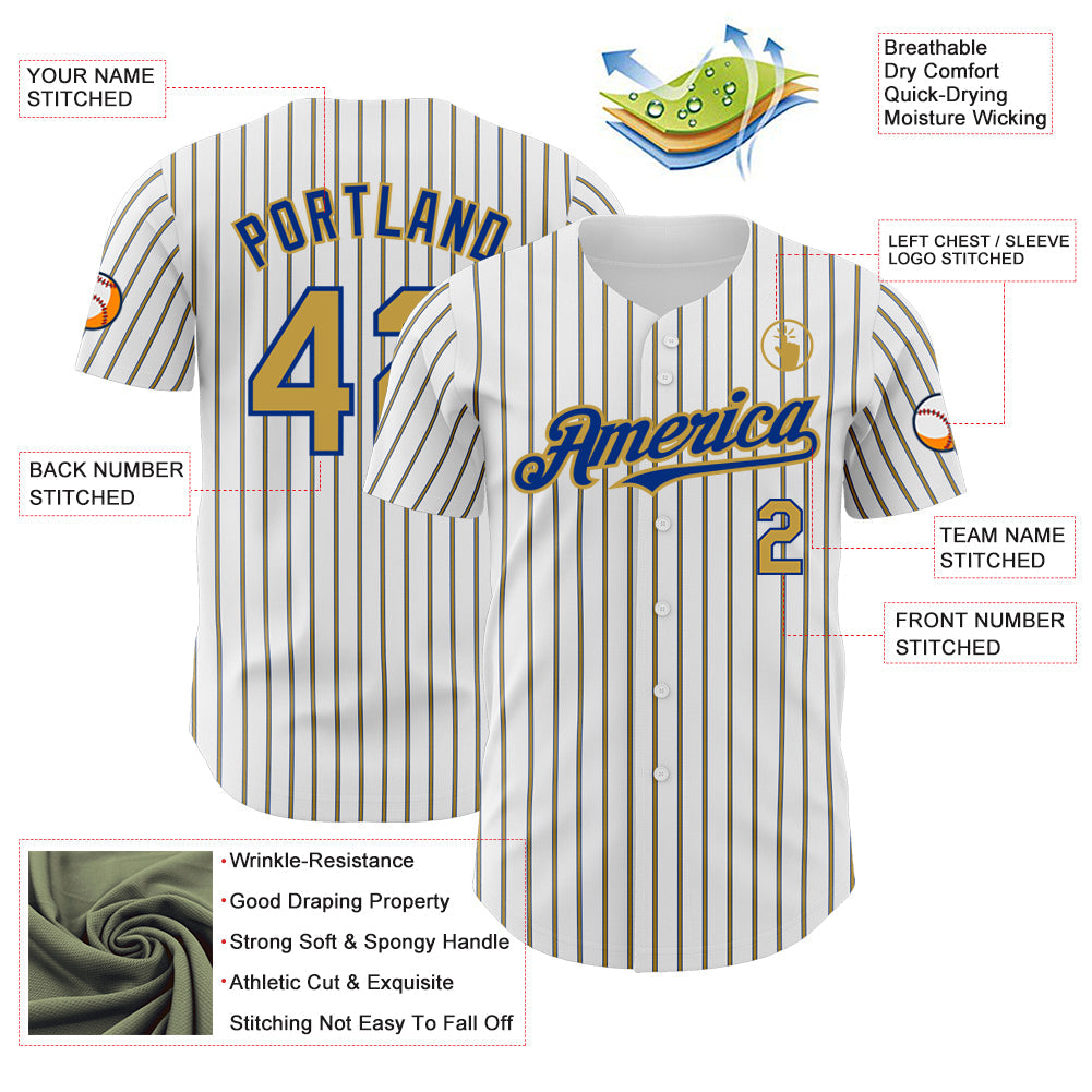 Custom White (Royal Old Gold Pinstripe) Old Gold-Royal Authentic Baseball Jersey - Sky-Custom