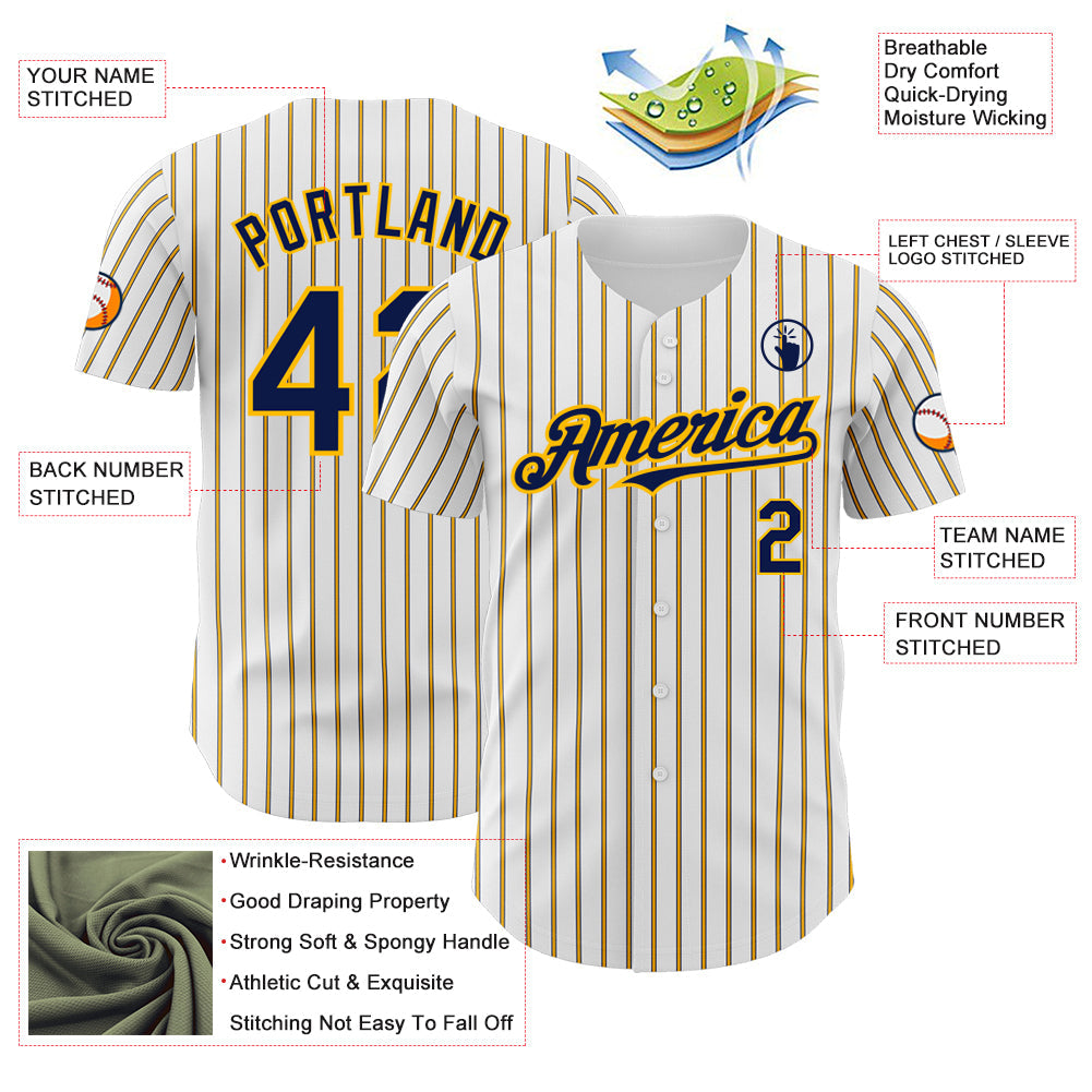 Custom White (Navy Gold Pinstripe) Navy-Gold Authentic Baseball Jersey - Sky-Custom