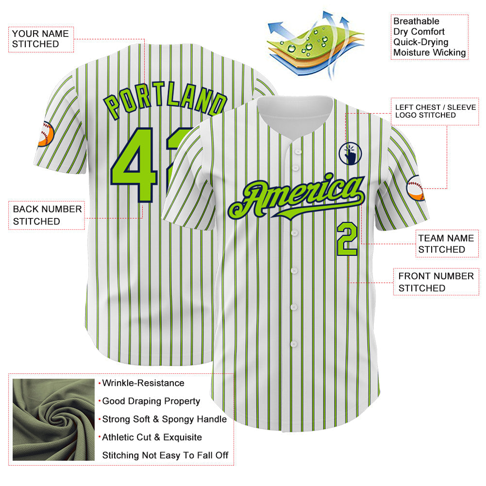Custom White (Navy Neon Green Pinstripe) Neon Green-Navy Authentic Baseball Jersey - Sky-Custom