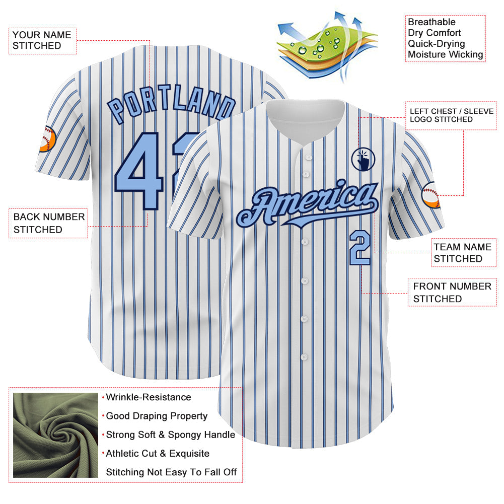 Custom White (Navy Light Blue Pinstripe) Light Blue-Navy Authentic Baseball Jersey - Sky-Custom