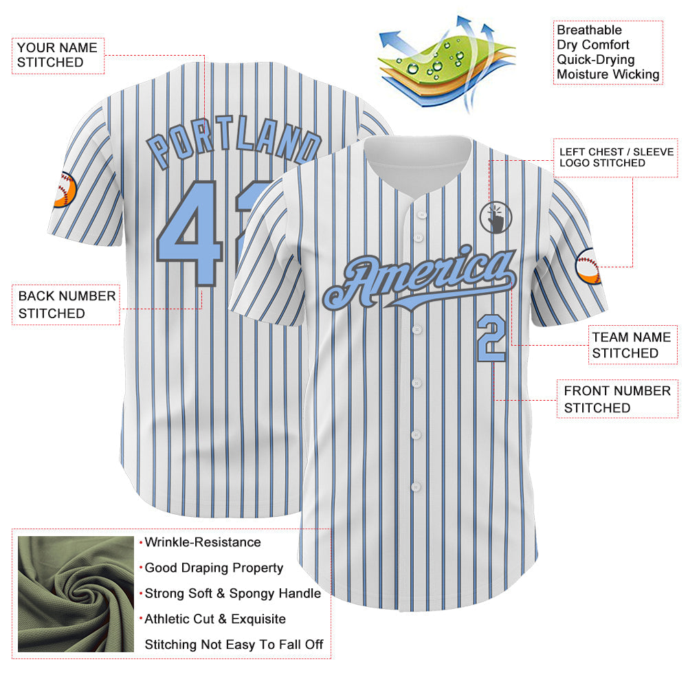 Custom White (Steel Gray Light Blue Pinstripe) Light Blue-Steel Gray Authentic Baseball Jersey - Sky-Custom