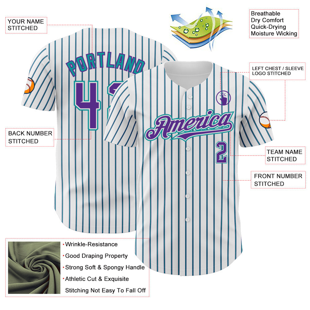 Custom White (Purple Teal Pinstripe) Purple-Teal Authentic Baseball Jersey - Sky-Custom