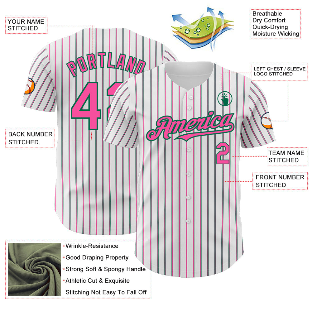 Custom White (Kelly Green Pink Pinstripe) Pink-Kelly Green Authentic Baseball Jersey - Sky-Custom