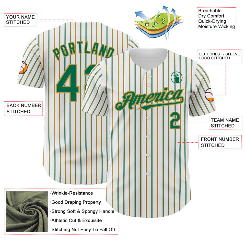 Custom White (Kelly Green Old Gold Pinstripe) Kelly Green-Old Gold Authentic Baseball Jersey - Sky-Custom