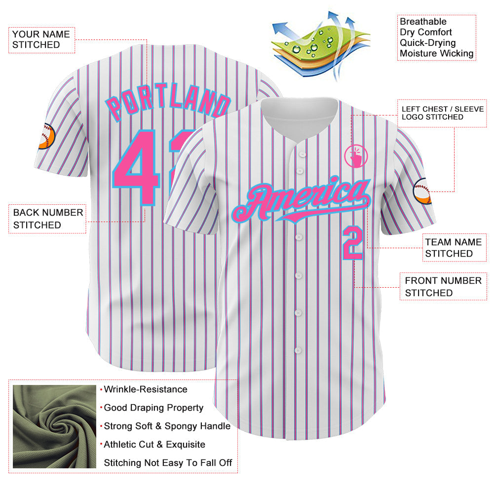 Custom White (Sky Blue Pink Pinstripe) Pink-Sky Blue Authentic Baseball Jersey - Sky-Custom