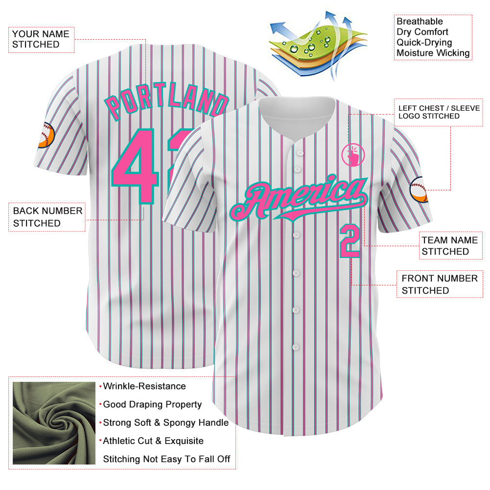 Custom White (Aqua Pink Pinstripe) Pink-Aqua Authentic Baseball Jersey - Sky-Custom