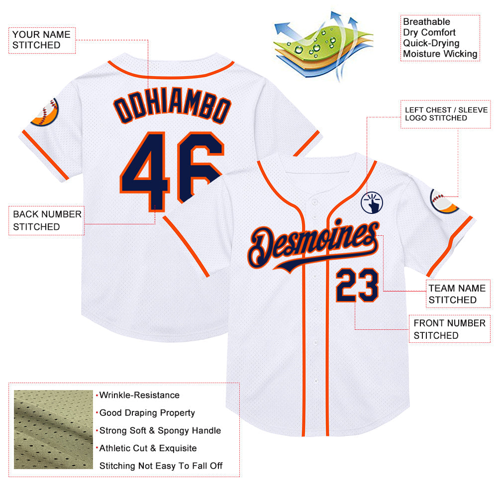 Custom White Navy-Orange Mesh Authentic Throwback Baseball Jersey - Sky-Custom