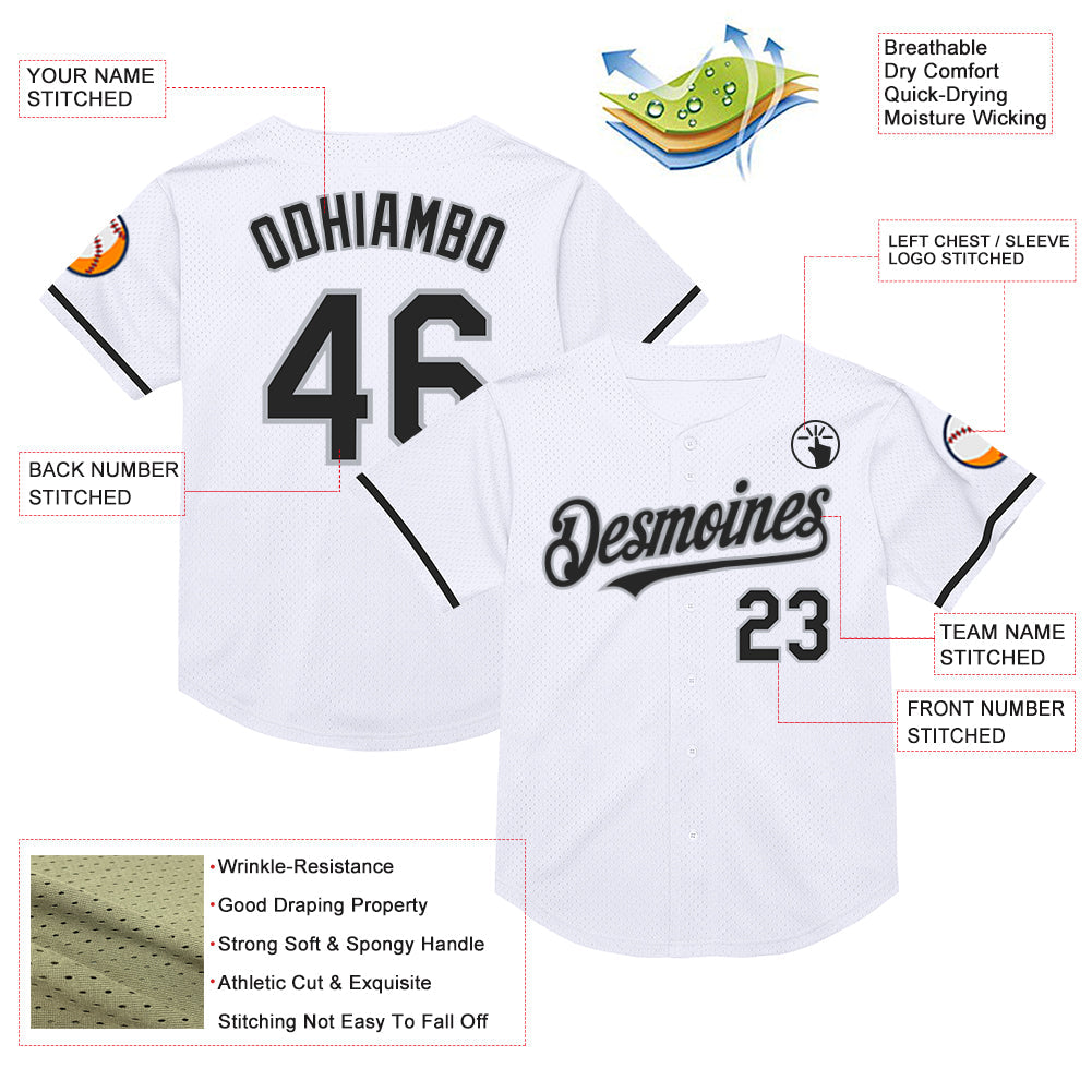Custom White Black-Gray Mesh Authentic Throwback Baseball Jersey - Sky-Custom