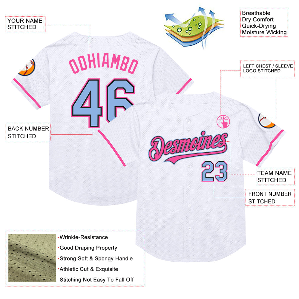 Custom White Light Blue Black-Pink Mesh Authentic Throwback Baseball Jersey - Sky-Custom